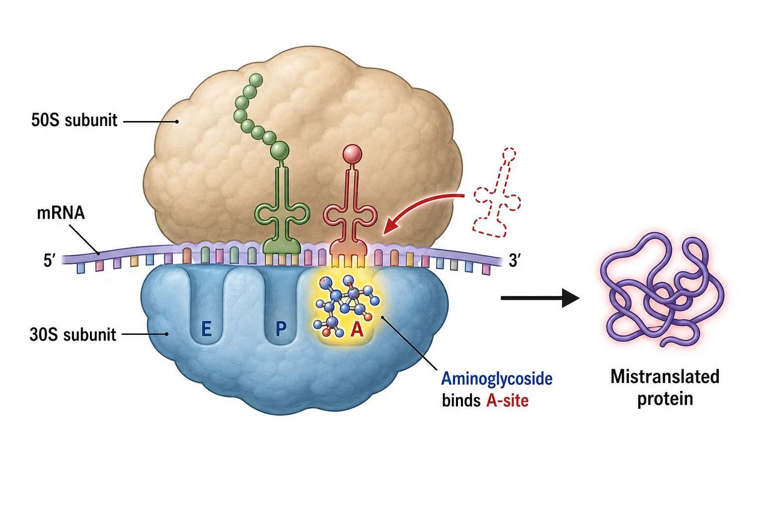 Aminoglykosid binder 30S-ribosomens A-site, orsakar felaktigt tRNA-val och defekt protein.