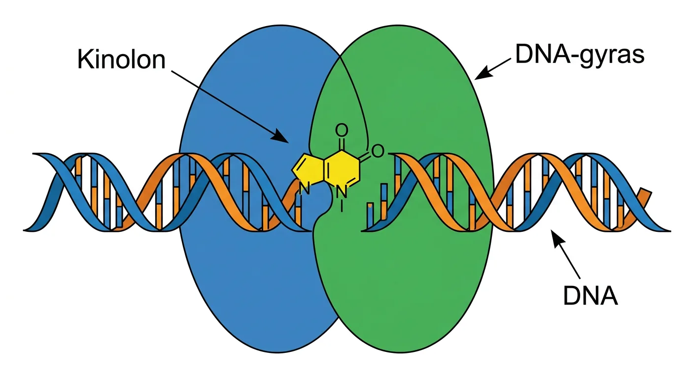 Kinolon fastnar i DNA-gyras-komplexet bundet till bakteriellt DNA och stoppar replikationen.