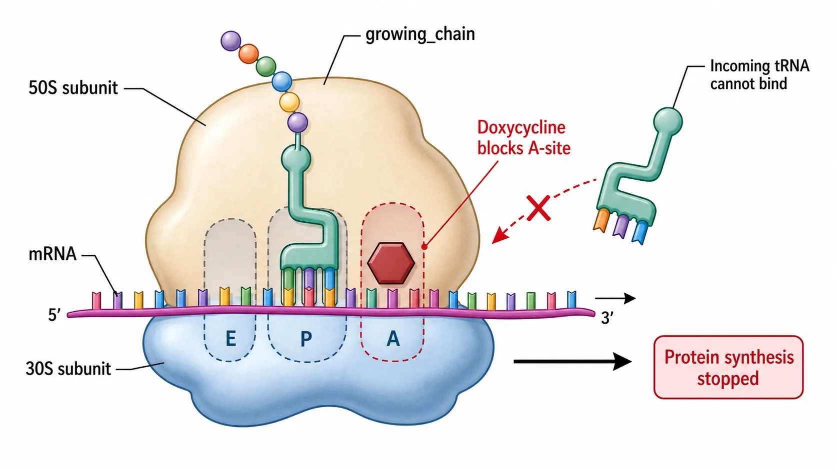 Doxycyklin (tetracyklin) binder 30S A-site och blockerar inkommande aminoacyl-tRNA; proteinsyntesen stannar.