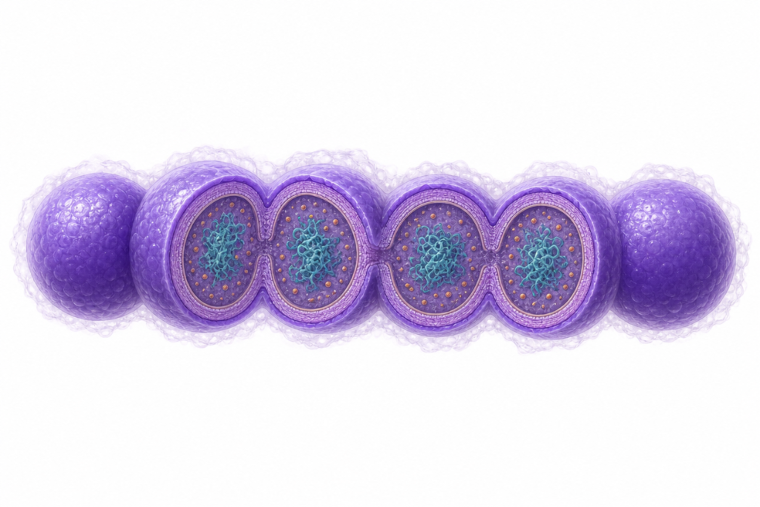 Viridansstreptokocker i kedja med glykokalyx, glukosyltransferas, biofilm och adhesiner markerade.