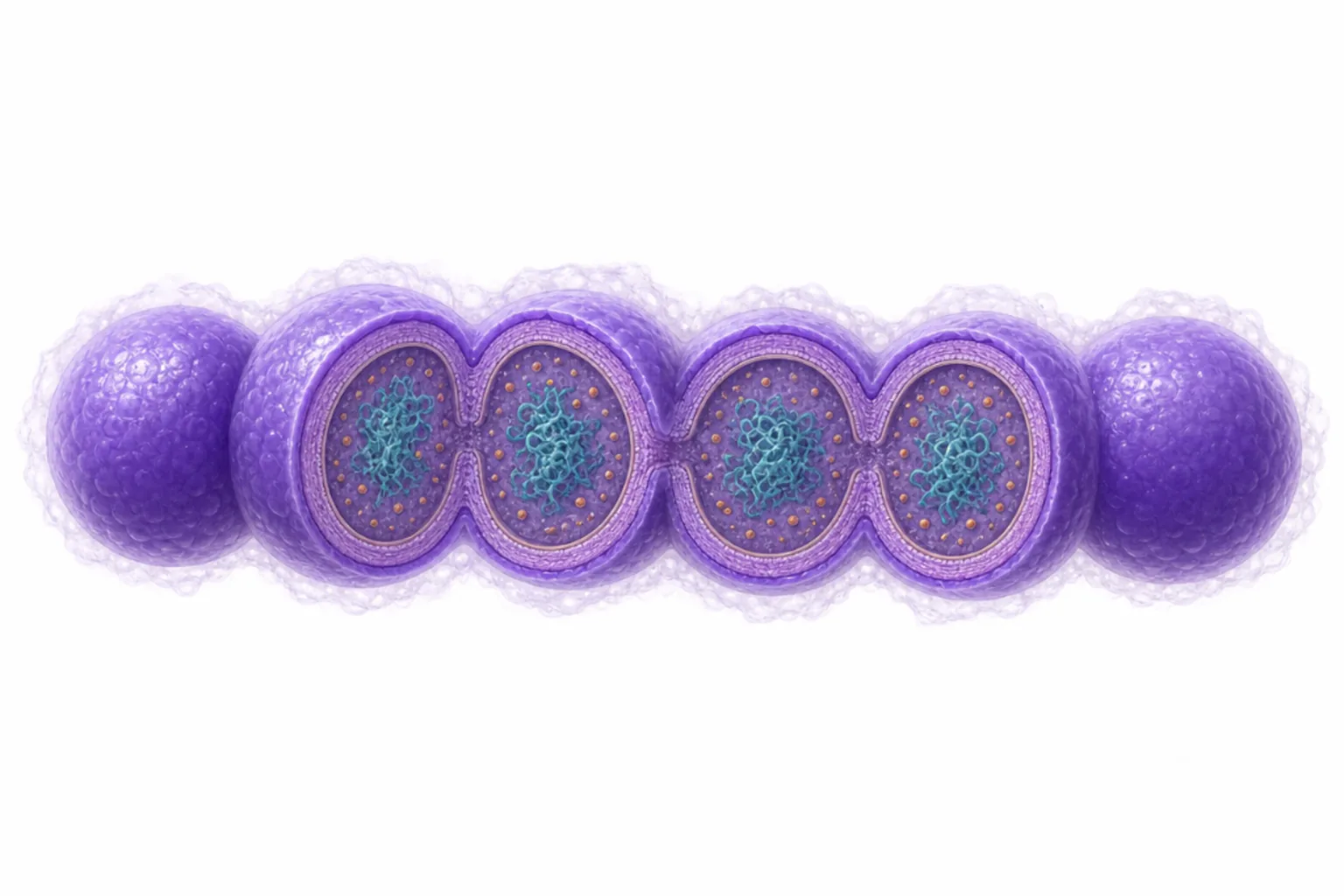 Viridansstreptokocker i kedja med glykokalyx, glukosyltransferas, biofilm och adhesiner markerade.