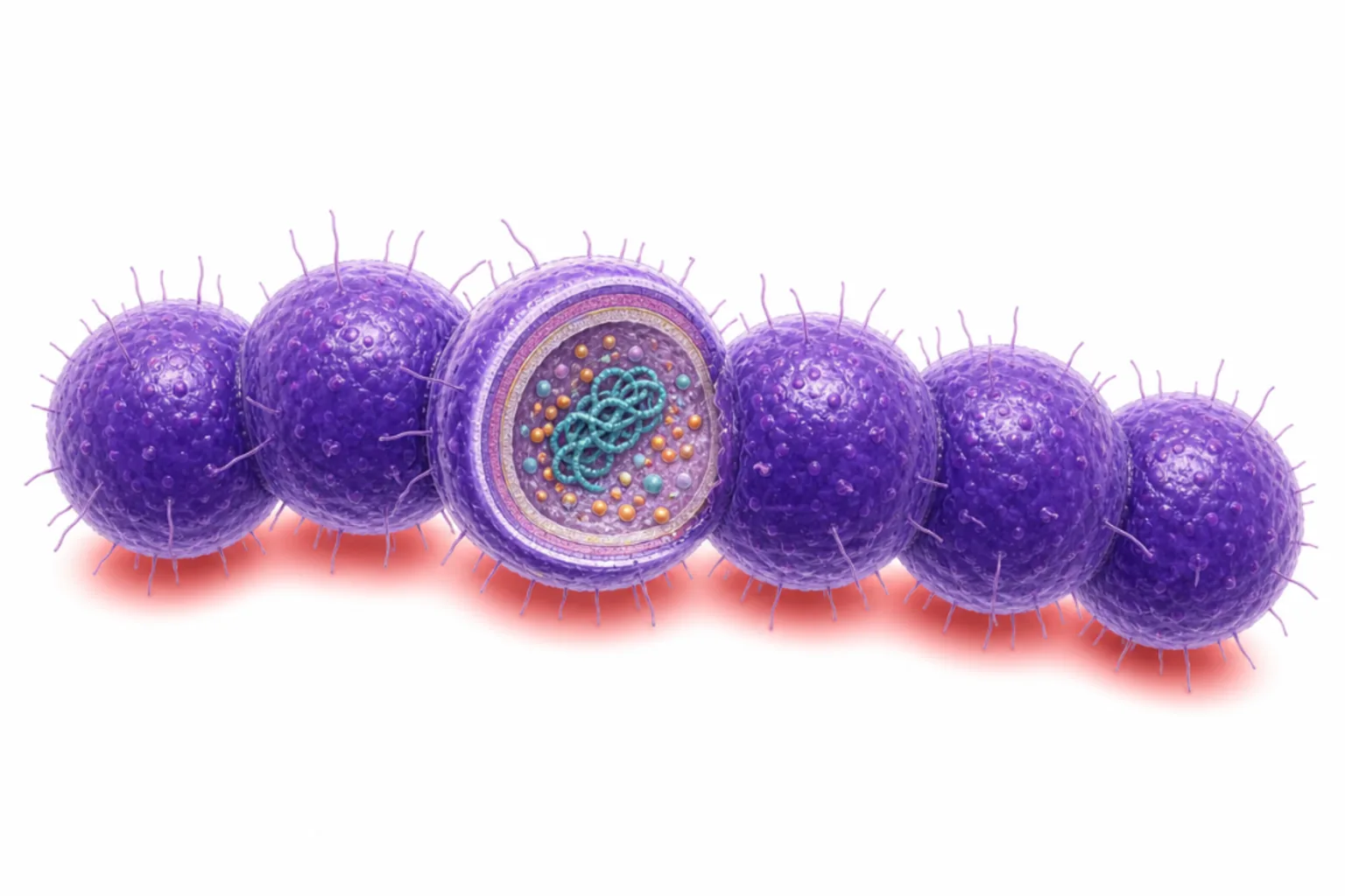 Betastreptokocker i kedja med M-protein, hyaluronsyra-kapsel, streptolysin O, SpeA-toxin och IgA-proteas markerade.