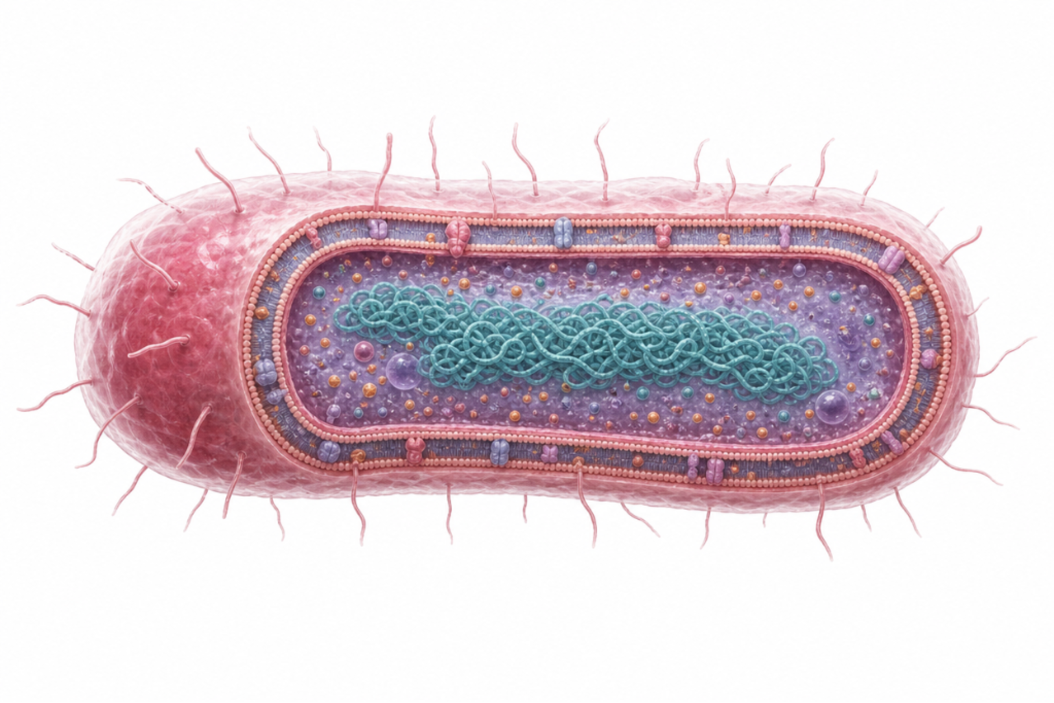 Bacteroides fragilis som gramnegativ anaerob stav med polysackarid-kapsel (PSA), LPS, yttre membranvesiklar, fimbrier och fragilysin (BFT-toxin) markerade.