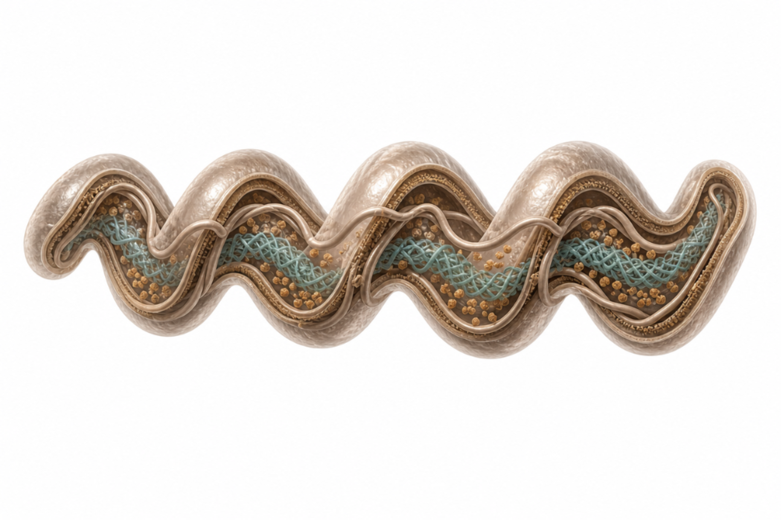 Borrelia burgdorferi som spirochet med spiralformad cellkropp, periplasmatiska flageller (endoflageller), yttre ytprotein A (OspA), OspC och VlsE-antigenvariationsprotein markerade.