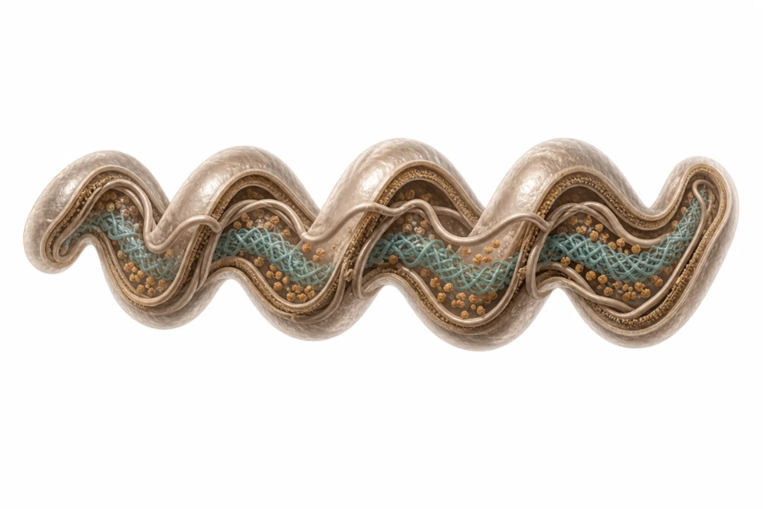 Borrelia burgdorferi som spirochet med spiralformad cellkropp, periplasmatiska flageller (endoflageller), yttre ytprotein A (OspA), OspC och VlsE-antigenvariationsprotein markerade.