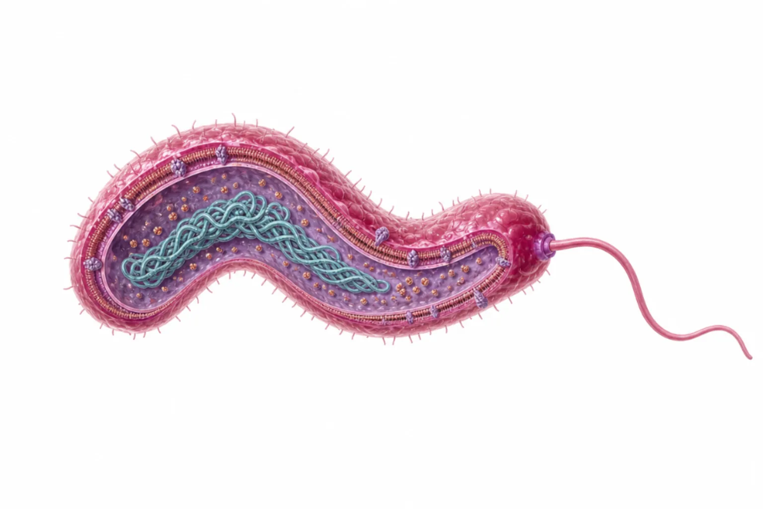 Campylobacter jejuni som krökt gramnegativ stav med polär flagell, CDT-toxin, LOS, JlpA och CadF markerade.