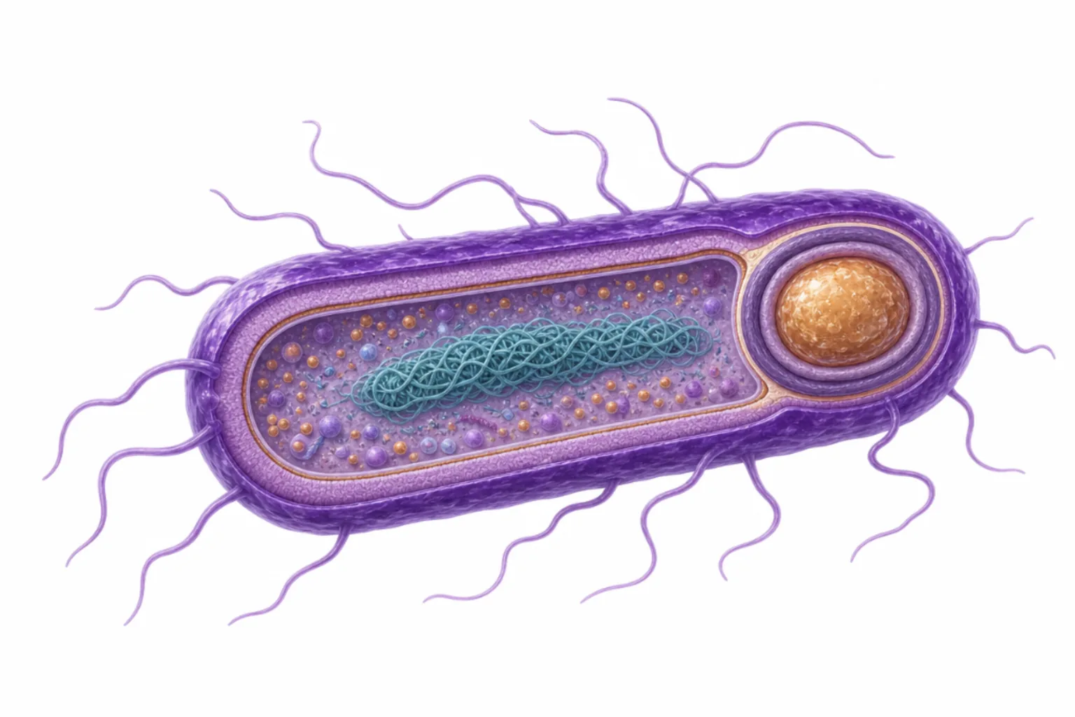 Clostridioides difficile som grampositiv stav med terminal endospor, toxin A, toxin B, flageller och S-lager markerade.