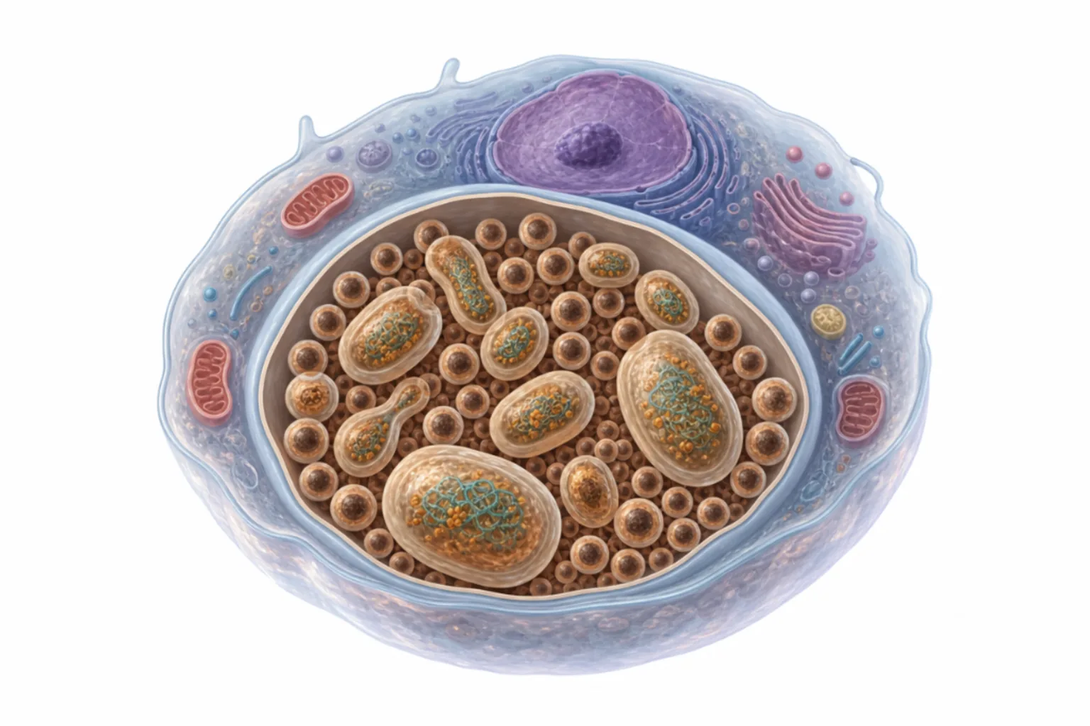 Chlamydia trachomatis intracellulär livscykel: elementarkropp (EB, infektiös) och retikulärkropp (RB, replikerande) inuti inklusionsmembran i värdcell, med MOMP och typ III-sekretionssystem markerade.