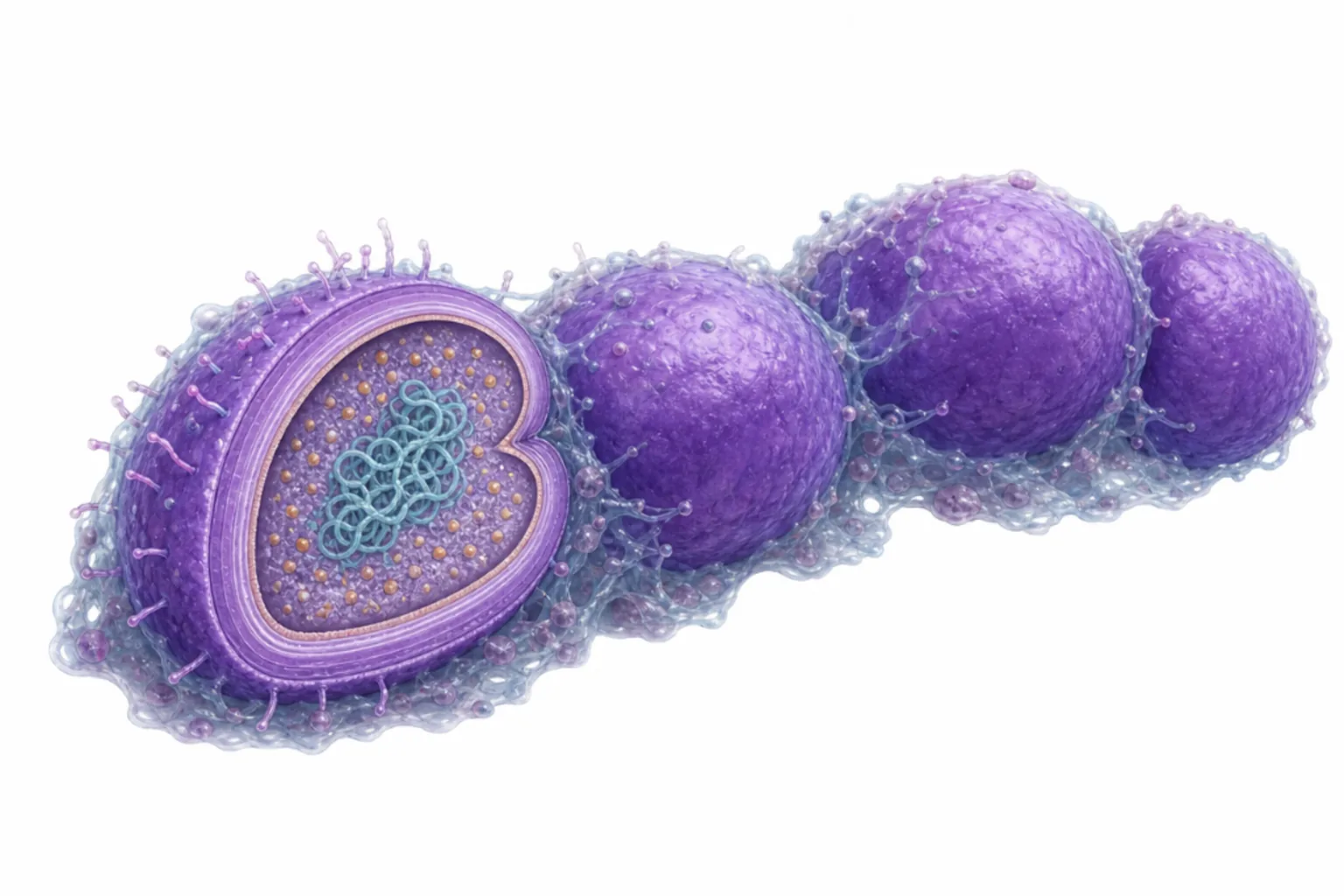 Enterococcus faecalis som grampositiv kock med Esp-protein, gelatinas, AS-48, biofilm och aggregation-substance markerade.