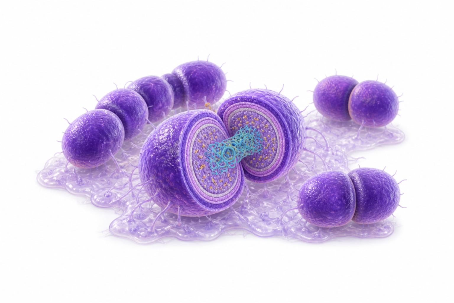 Enterococcus faecium som grampositiv kock med tjock peptidoglykan-cellvägg (VanA/VanB), pili (PilA/PilB), Acm-adhesin och biofilm-matrix markerade.