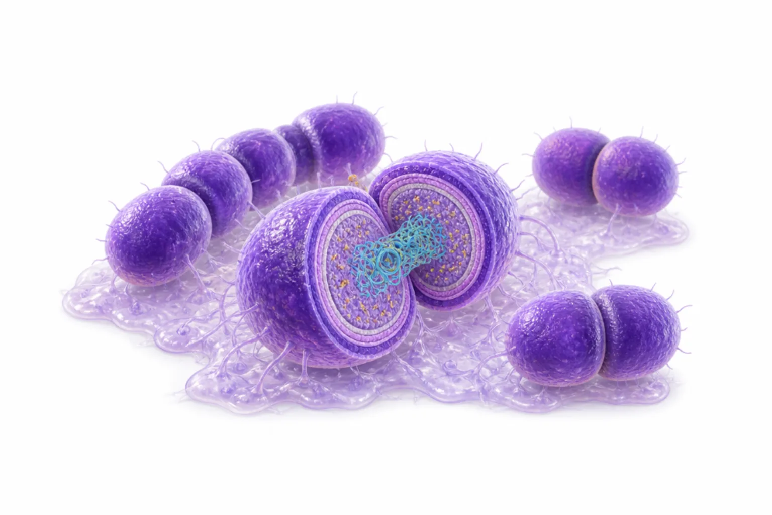 Enterococcus faecium som grampositiv kock med tjock peptidoglykan-cellvägg (VanA/VanB), pili (PilA/PilB), Acm-adhesin och biofilm-matrix markerade.