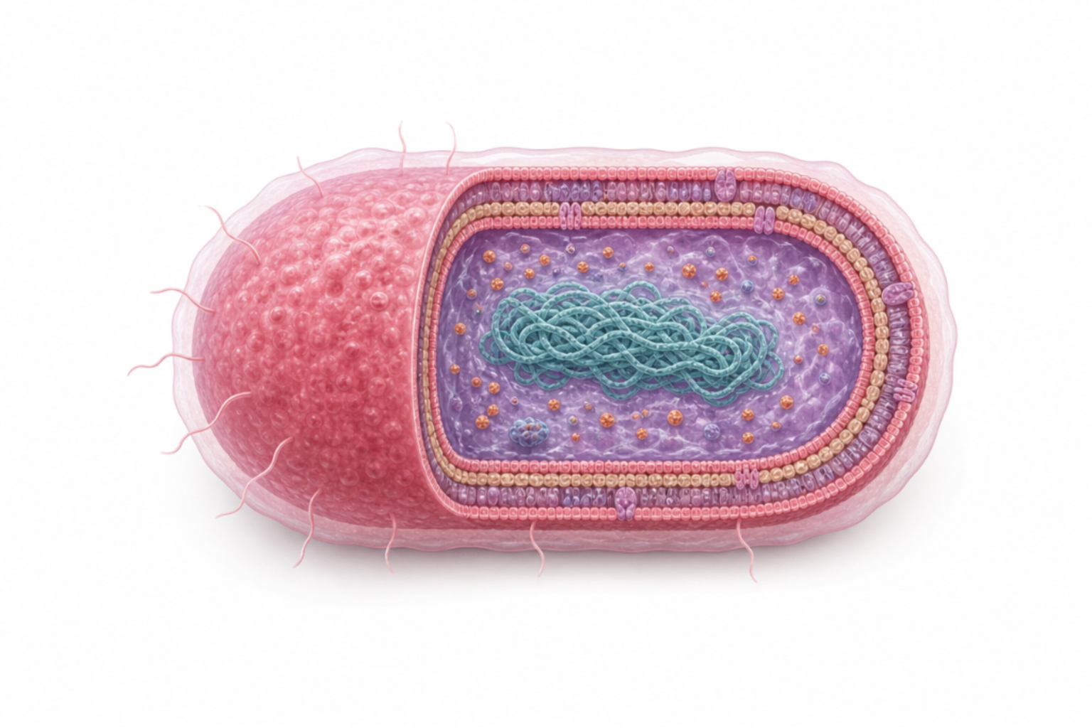 Francisella tularensis som gramnegativ coccobacill med polysackarid-kapsel, LPS, yttre membran, IglC-effektor och typ VI-sekretionssystem markerade.