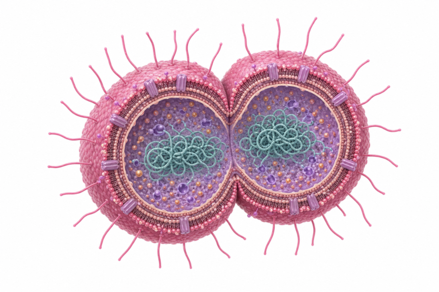 Neisseria gonorrhoeae som gramnegativ diplokock utan kapsel, med pili typ IV, Por (porin), Opa-proteiner, lipooligosackarid (LOS) och IgA1-proteas markerade.