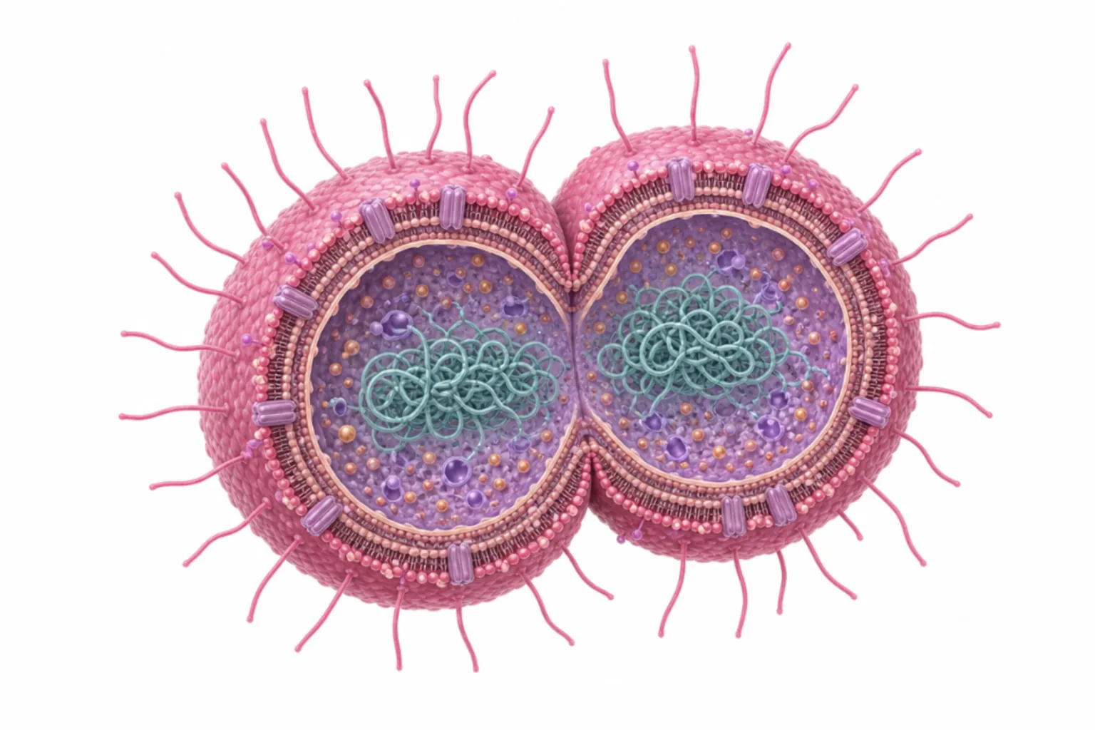 Neisseria gonorrhoeae som gramnegativ diplokock utan kapsel, med pili typ IV, Por (porin), Opa-proteiner, lipooligosackarid (LOS) och IgA1-proteas markerade.