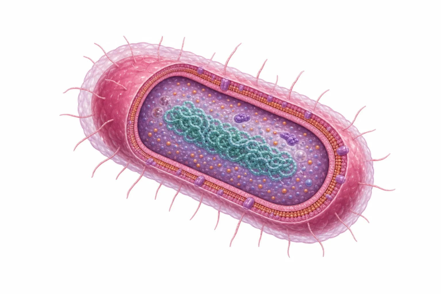 Haemophilus influenzae som gramnegativ coccobacill med kapsel typ b (PRP), LOS, pili, IgA1-proteas och OMP P2 markerade.