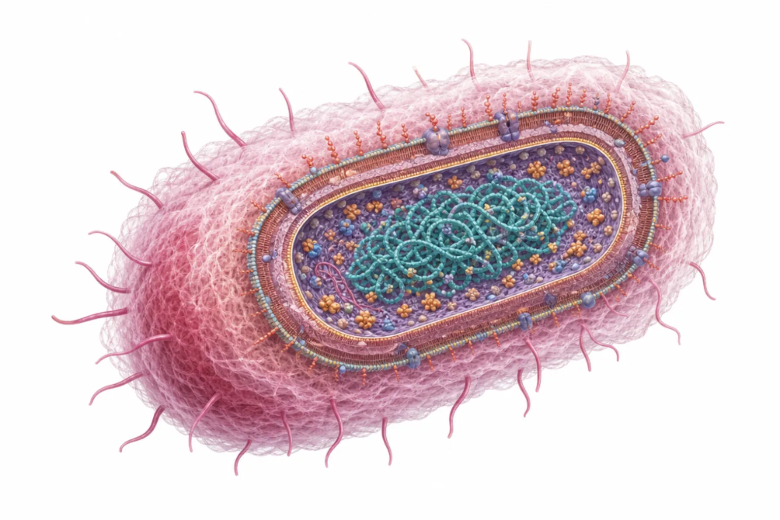 Klebsiella pneumoniae som gramnegativ inkapslad stav med polysackarid-kapsel, LPS, typ 3-fimbrier, sideroforer och ESBL markerade.