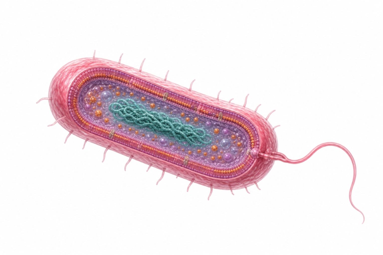 Legionella pneumophila som gramnegativ stav med polär flagell, LPS, Mip-adhesin, typ IV-sekretionssystem (Dot/Icm) och pili markerade.