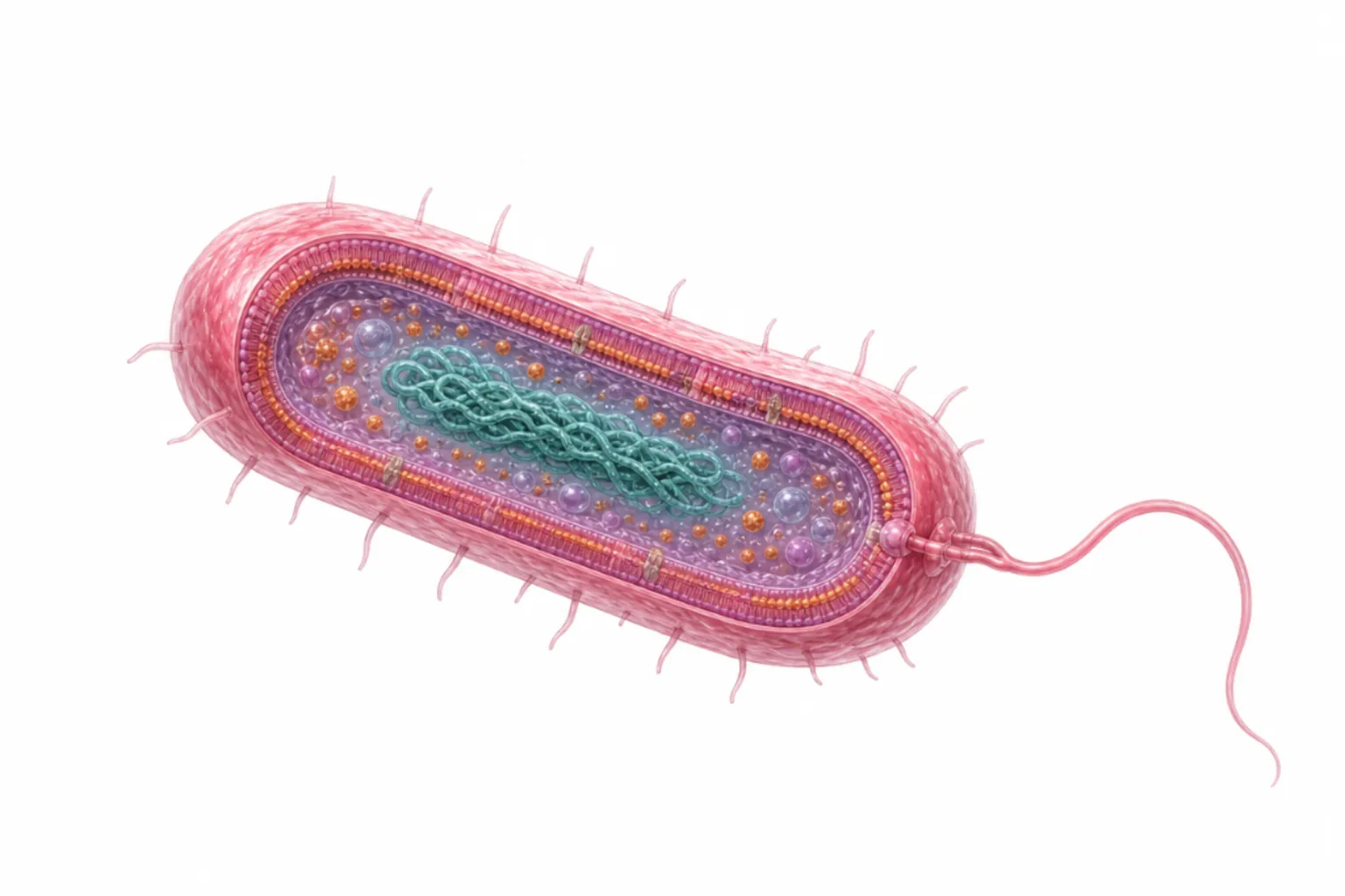 Legionella pneumophila som gramnegativ stav med polär flagell, LPS, Mip-adhesin, typ IV-sekretionssystem (Dot/Icm) och pili markerade.