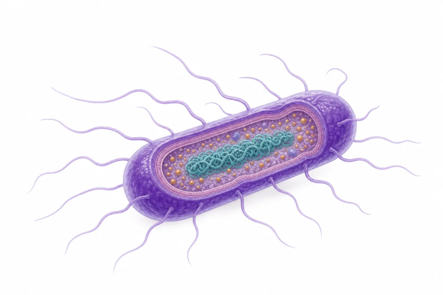 Listeria monocytogenes som grampositiv stav med internalin A/B, listeriolysin O, ActA, PI-PLC och flageller markerade.