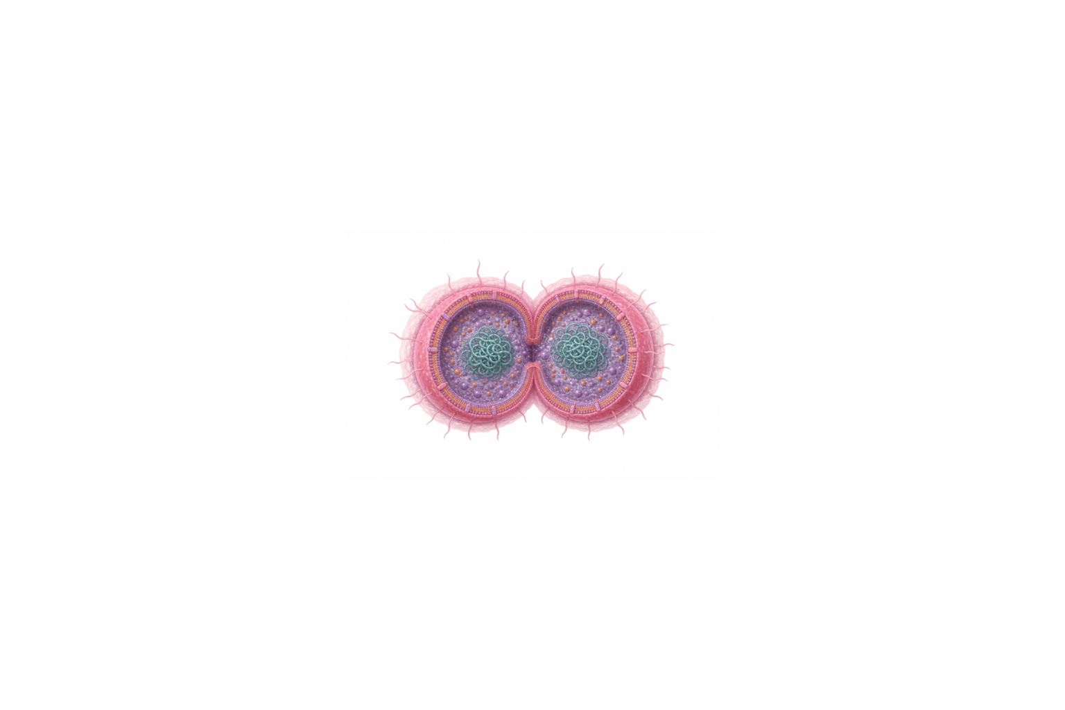 Neisseria meningitidis som gramnegativ diplokock med polysackarid-kapsel, LOS, pili, fHbp och IgA1-proteas markerade.