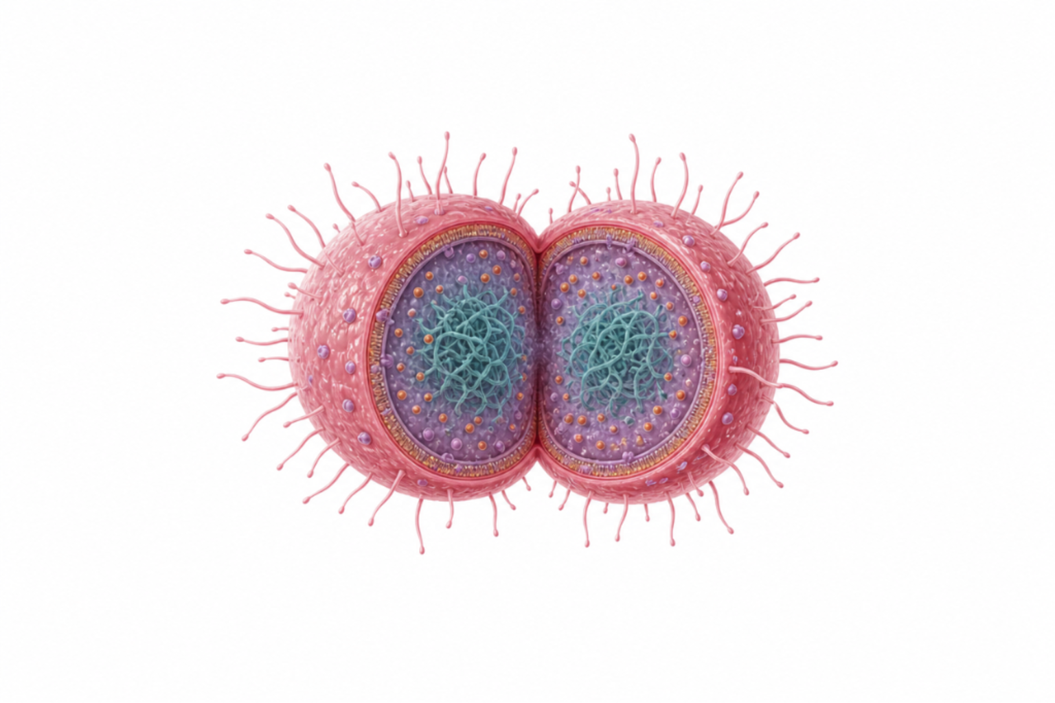 Moraxella catarrhalis som gramnegativ diplokock med UspA1/A2, MID-adhesin, OMP CD och LOS markerade.