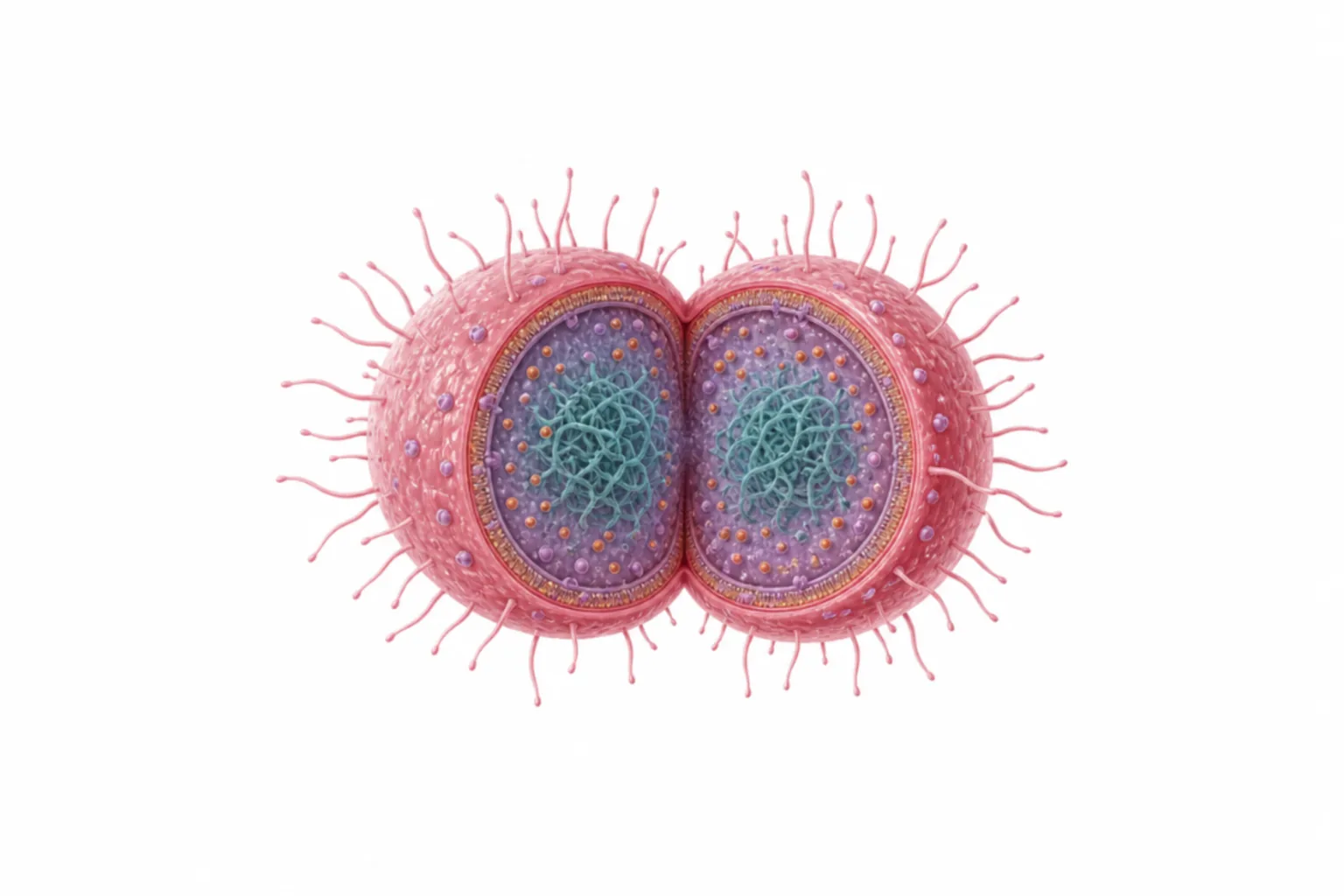 Moraxella catarrhalis som gramnegativ diplokock med UspA1/A2, MID-adhesin, OMP CD och LOS markerade.