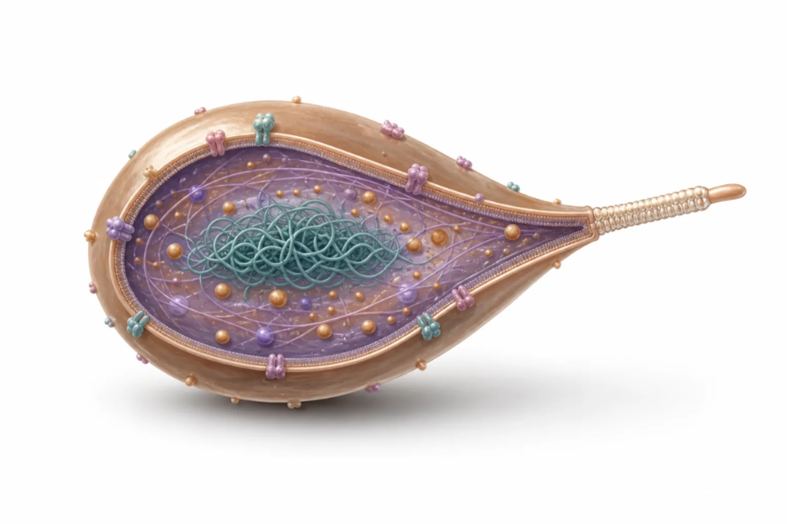 Mycoplasma pneumoniae som pleomorf bakterie utan cellvägg, med plasmamembran (kolesterol-stabiliserat), attachment organelle (tip), P1-adhesin och CARDS-toxin markerade.