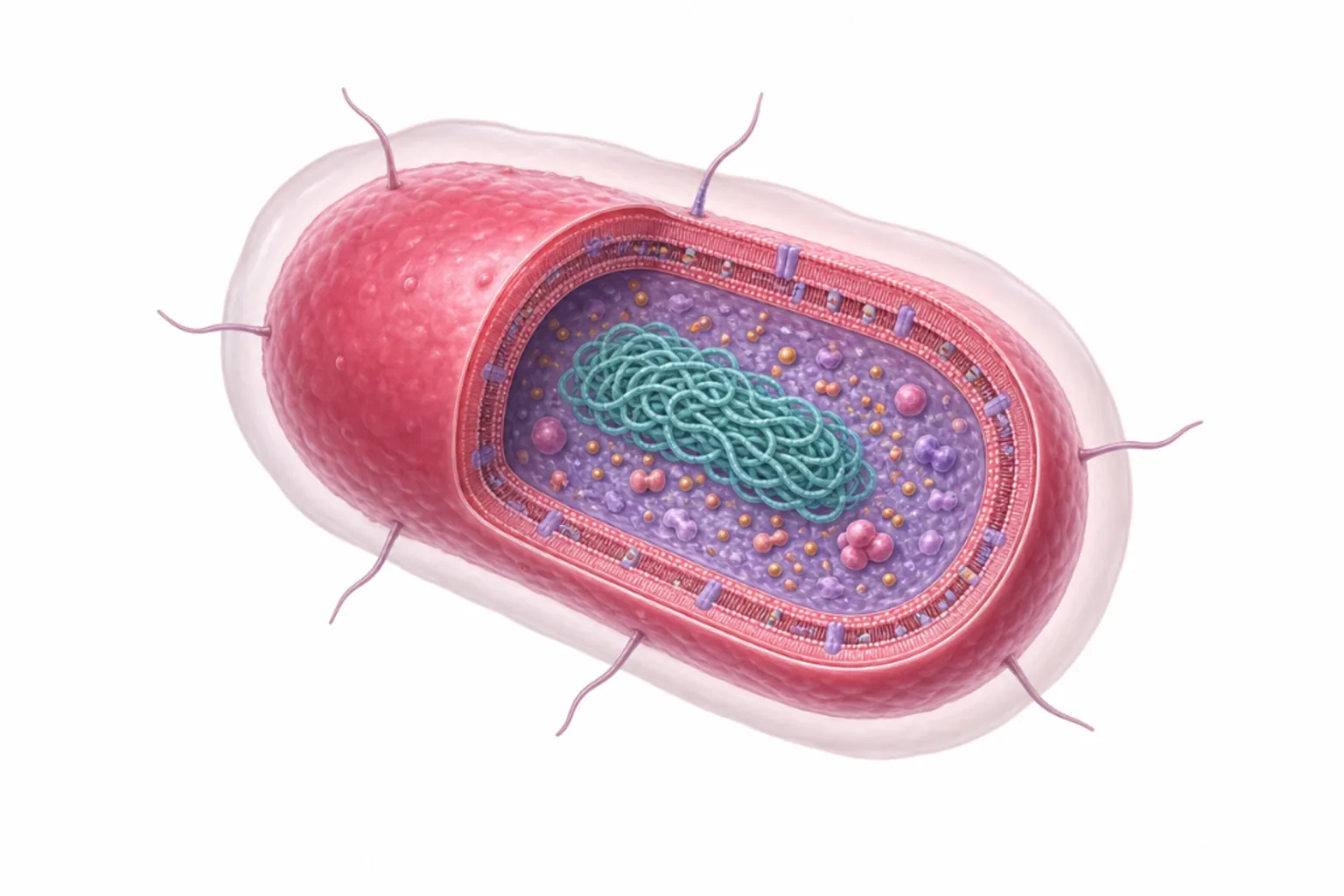 Pasteurella multocida som gramnegativ coccobacill med polysackarid-kapsel, LPS, OmpA, fimbrier och PMT-toxin markerade.