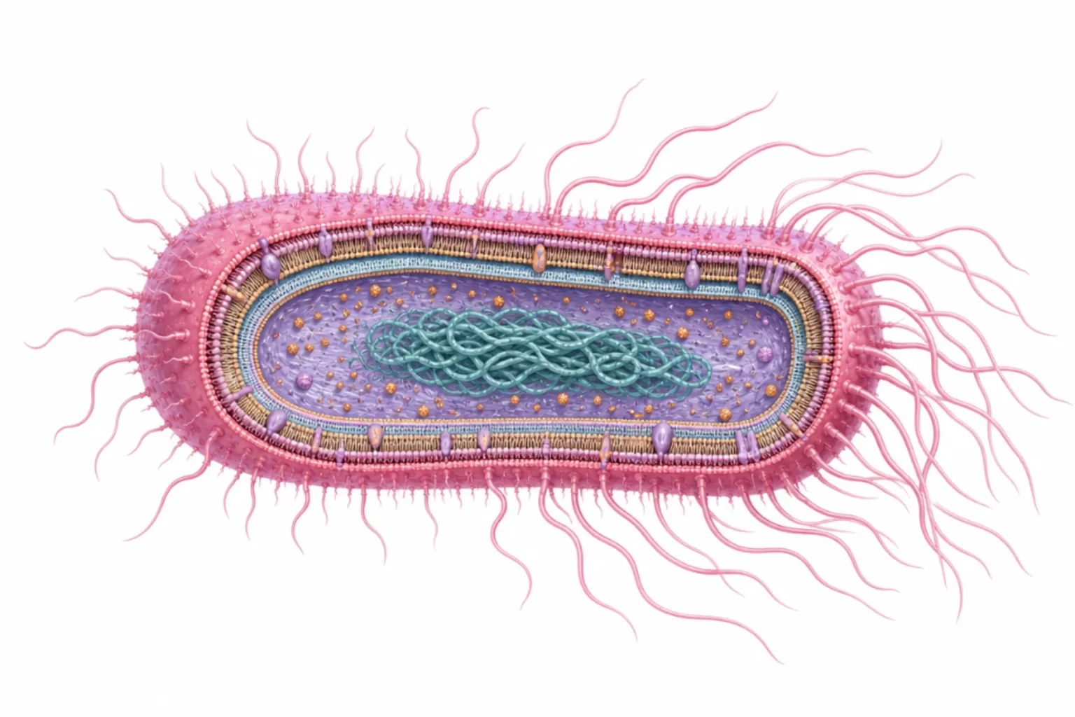 Proteus mirabilis som gramnegativ stav med urease, peritrika flageller, MR/P-fimbrier, hemolysin HpmA och LPS markerade.