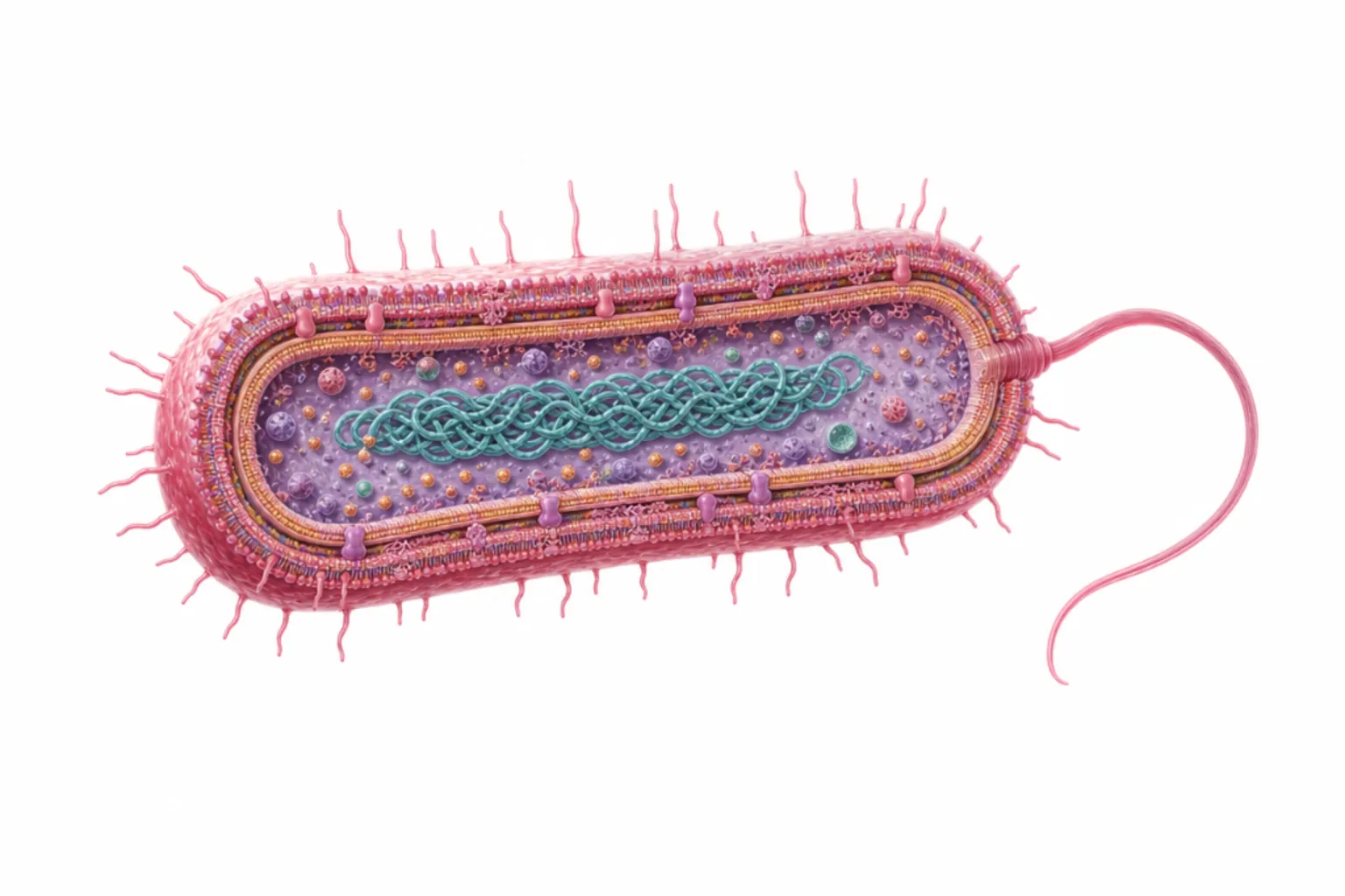 Pseudomonas aeruginosa som gramnegativ stav med polär flagell, pili, LPS, biofilm, typ III-sekretion och exotoxin A markerade.