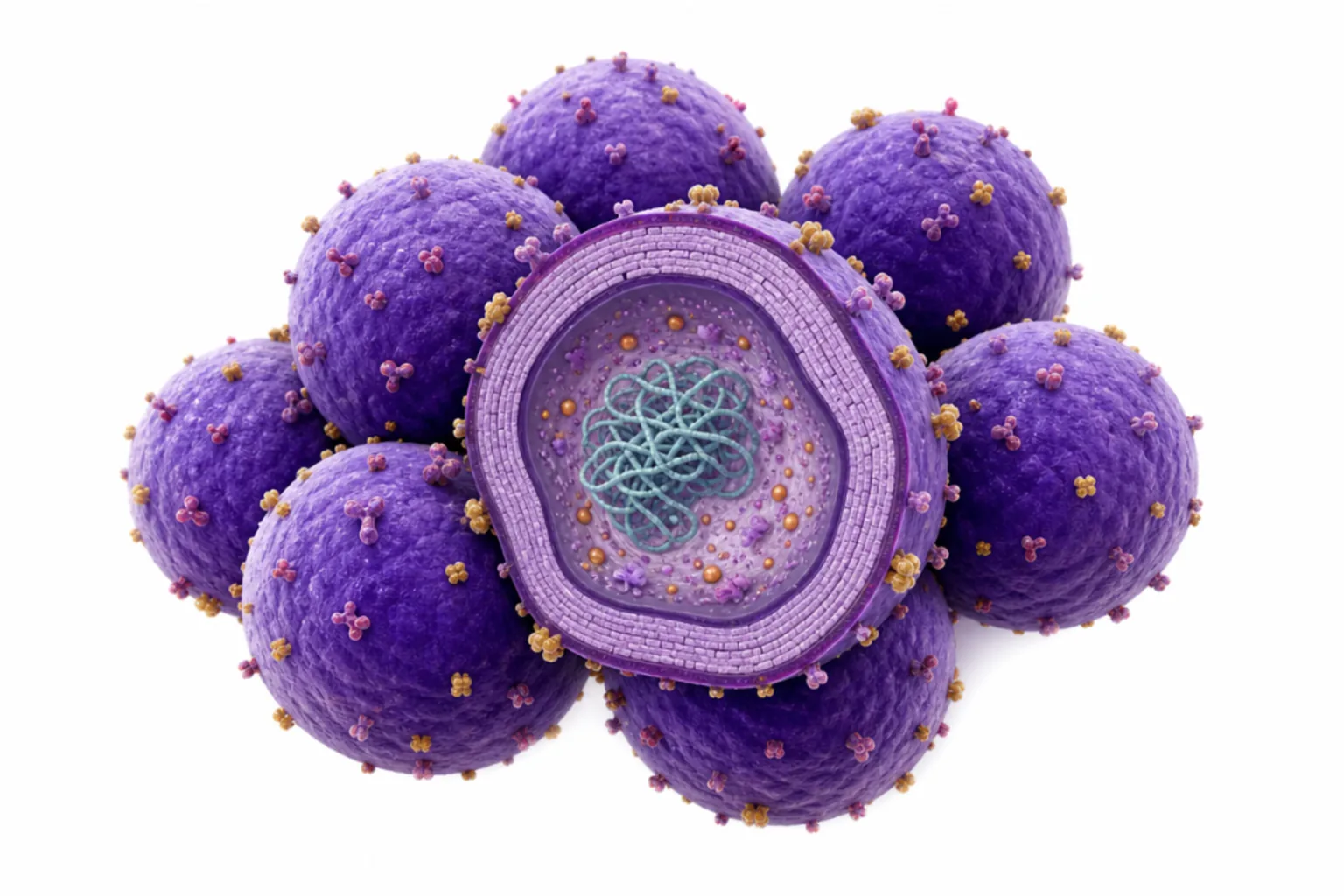 Staphylococcus aureus med markerade virulensfaktorer: Protein A, MSCRAMM, alfa-toxin, PVL, kapsel och koagulas.