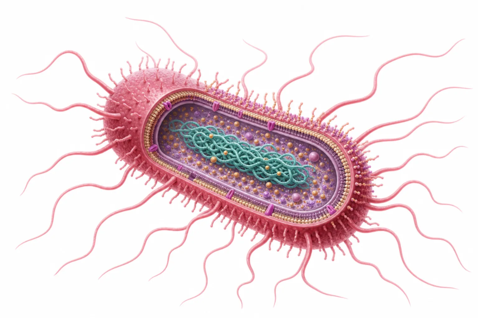 Salmonella enterica som gramnegativ stav med typ III-sekretion, Sip-proteiner, invasin, LPS och flageller markerade.