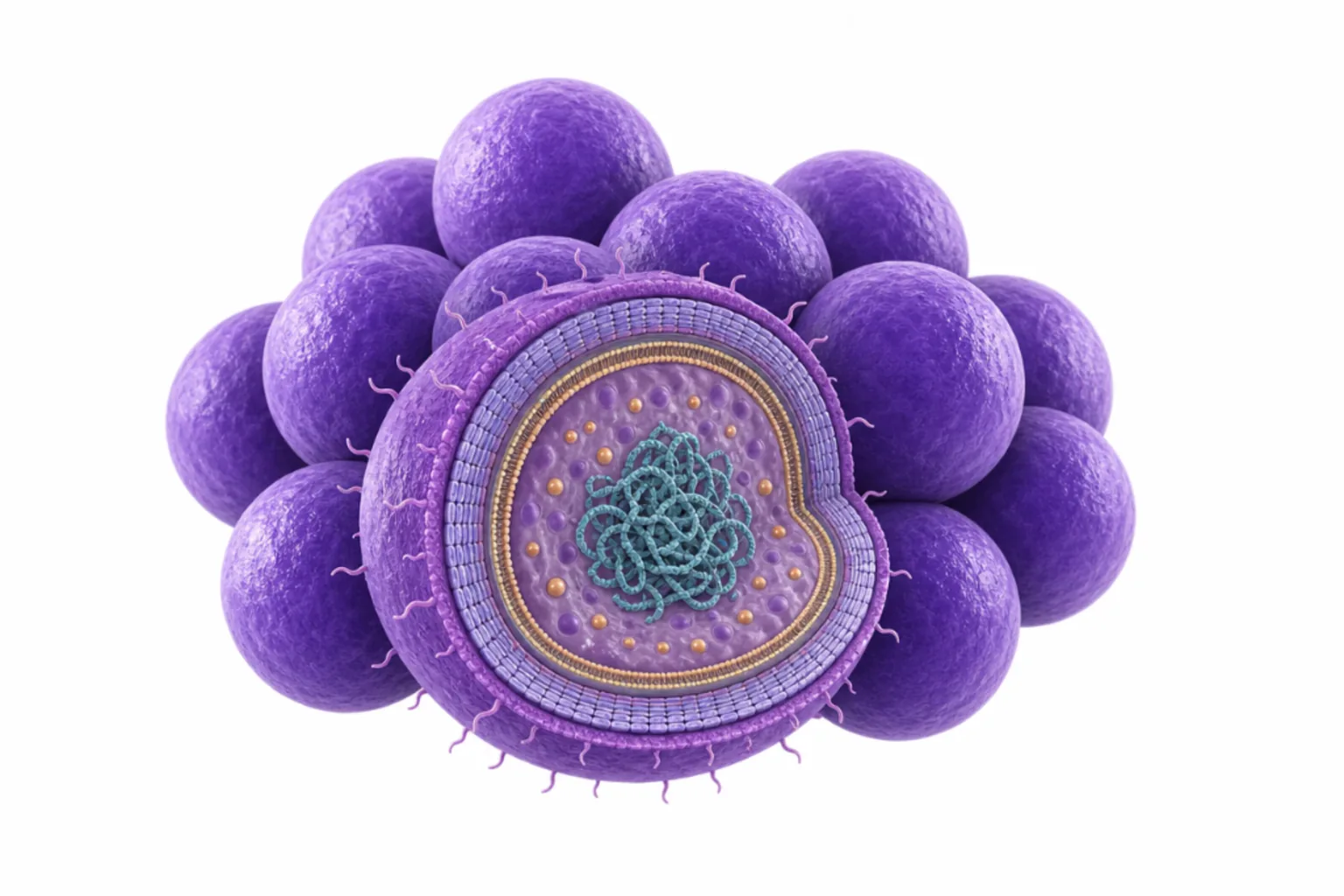 Staphylococcus saprophyticus som grampositiv kock med tjock peptidoglykan-cellvägg, UafA-adhesin, urease, SsaA-hemagglutinin och Aas-autolysin markerade.