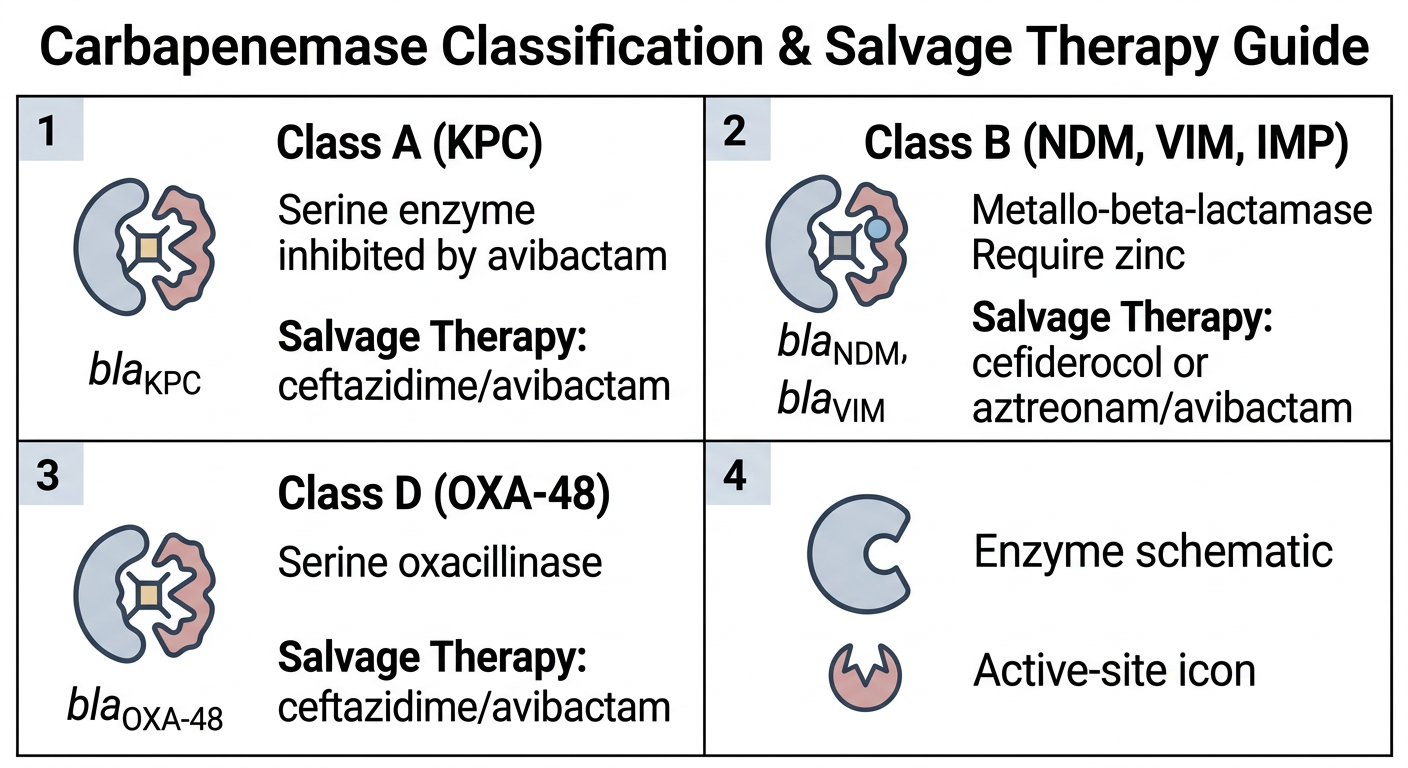 Jämförelseöversikt över karbapenemas-klasser: Klass A (KPC) — serinenzym, hämmas av avibaktam. Klass B (NDM/VIM/IMP) — metalloenzym, kräver cefiderokol. Klass D (OXA-48) — serinoxakillinas. Varje cell visar enzymschema och rekommenderat reservantibiotikum.
