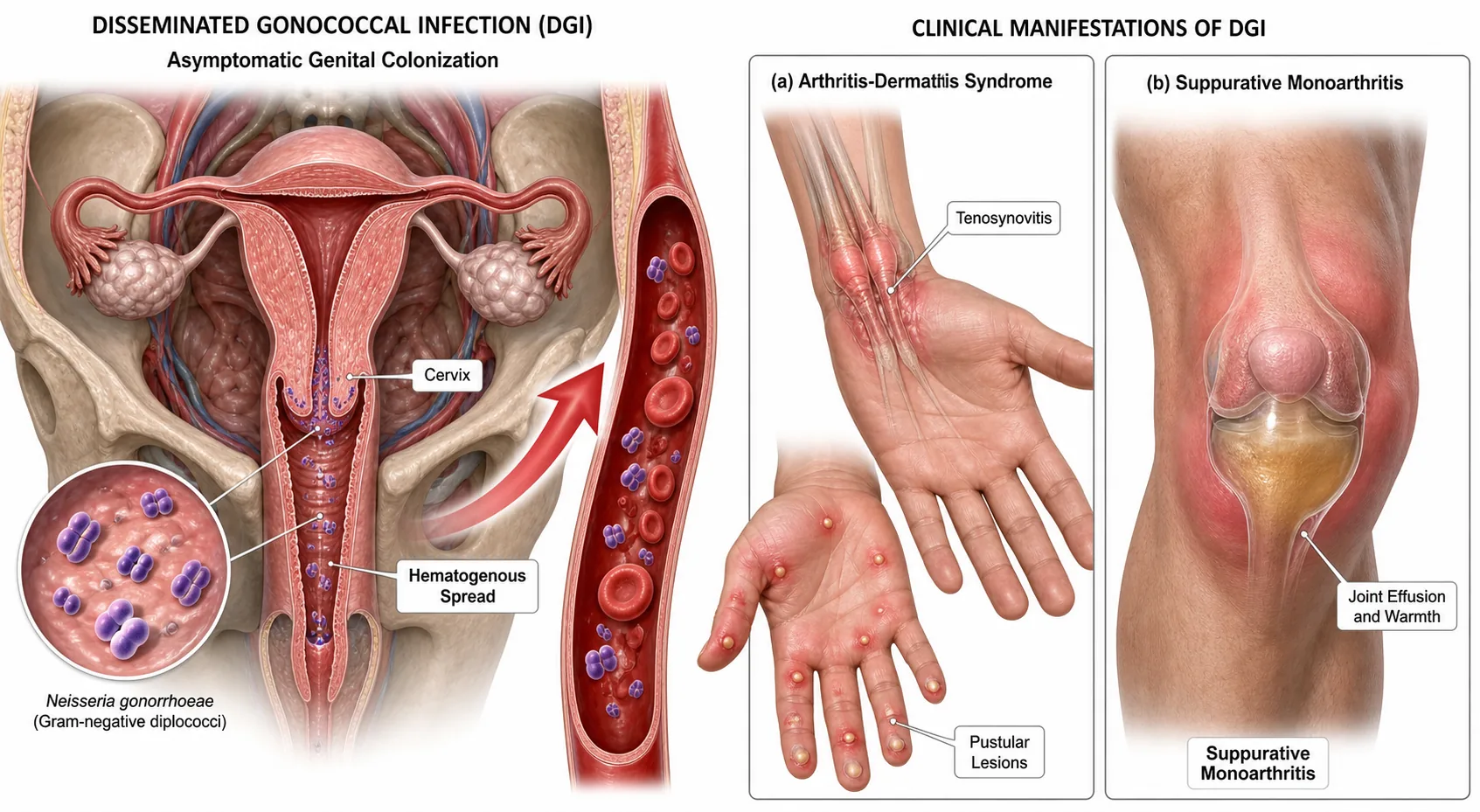 Anatomisk illustration av disseminerad gonokockinfektion (DGI). Vänster panel: kvinnlig bäckenanatomi med asymtomatisk Neisseria gonorrhoeae-kolonisering av cervix; pil visar hematogen spridning. Höger panel: två kliniska manifestationer — (a) artrit-dermatit-syndrom med tenosynovit över handled och pustulösa hudlesioner på fingrar, (b) suppurativ monoartrit i knäled med joint effusion.