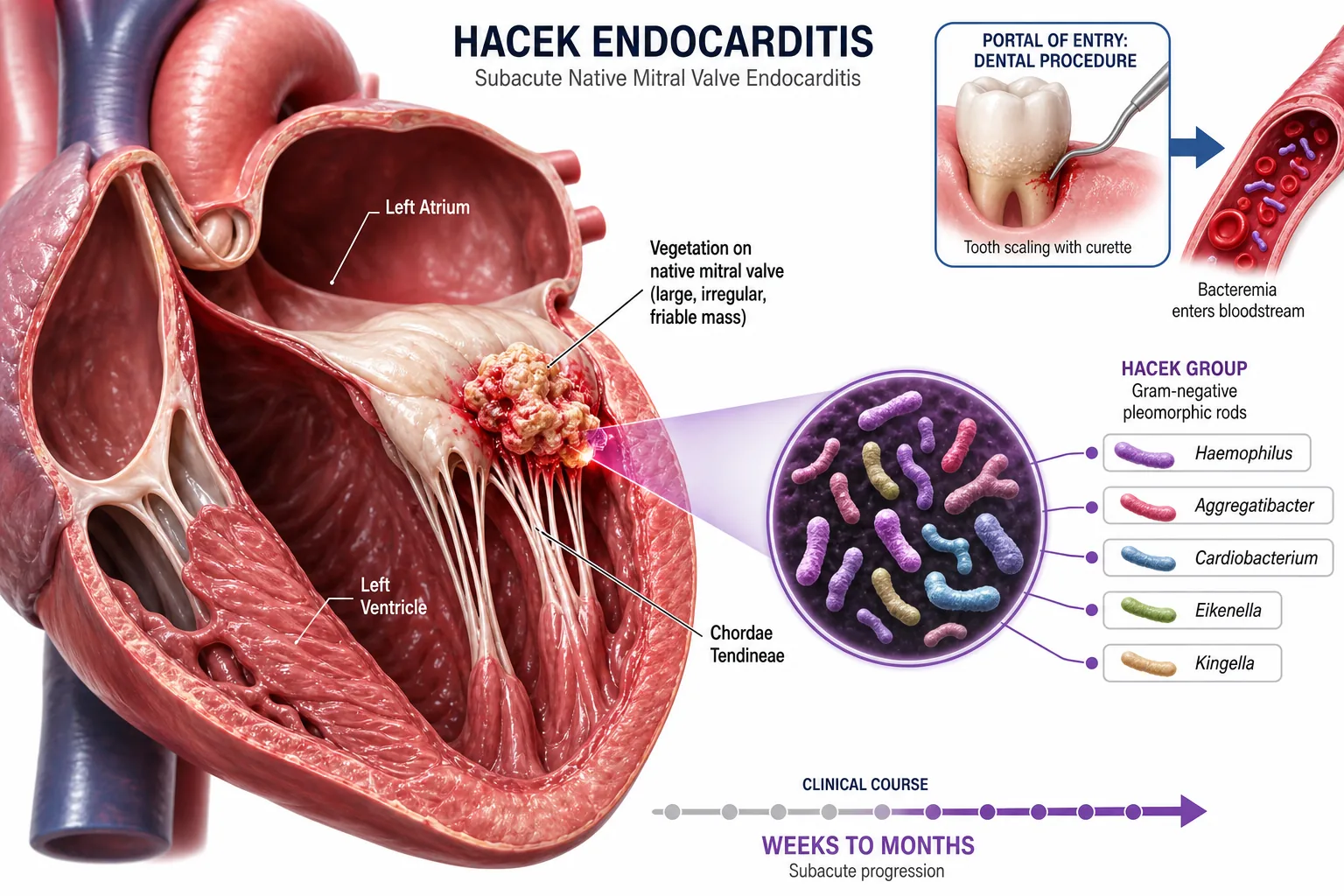 Anatomisk illustration av HACEK-endokardit. Hjärttvärsnitt med stor friabel vegetation på native mitralisklaff i vänster förmak/kammare. Inzoomad detalj visar de fem HACEK-arterna — Haemophilus, Aggregatibacter, Cardiobacterium, Eikenella, Kingella — som gramnegativa pleomorfa stavar. Tandvårdsingrepp visas som inkörsport och tidslinje "weeks to months" markerar subakut förlopp.