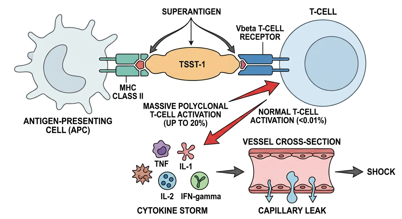Immunologiskt schema över superantigenmekanism vid TSS/STSS: APC med MHC klass II till vänster, superantigen (TSST-1/SpeA) som brygga i mitten, T-cell med Vβ-receptor till höger. Superantigenet binder utanför normalt antigenspår och utlöser massiv polyklonal T-cellsaktivering och cytokinstorm (TNF, IL-1, IL-2, IFN-γ).