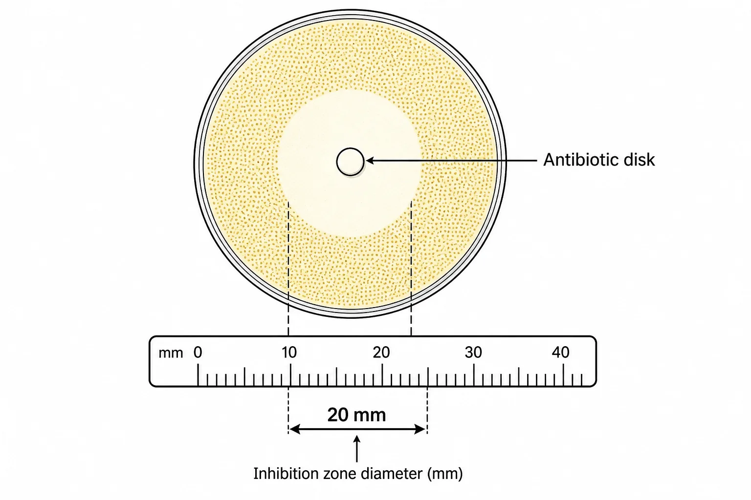 Petriskål uppifrån med antibiotikadisk i mitten, klar hämningszon runt disken och linjal som mäter zondiameter i millimeter.